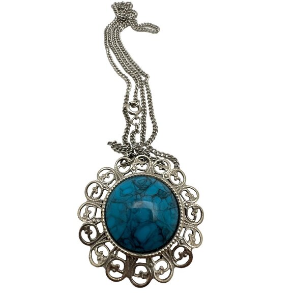 Vintage Turquoise Blue Pendant Silver Tone Filigree Art Deco Revival Acrylic - Picture 1 of 8